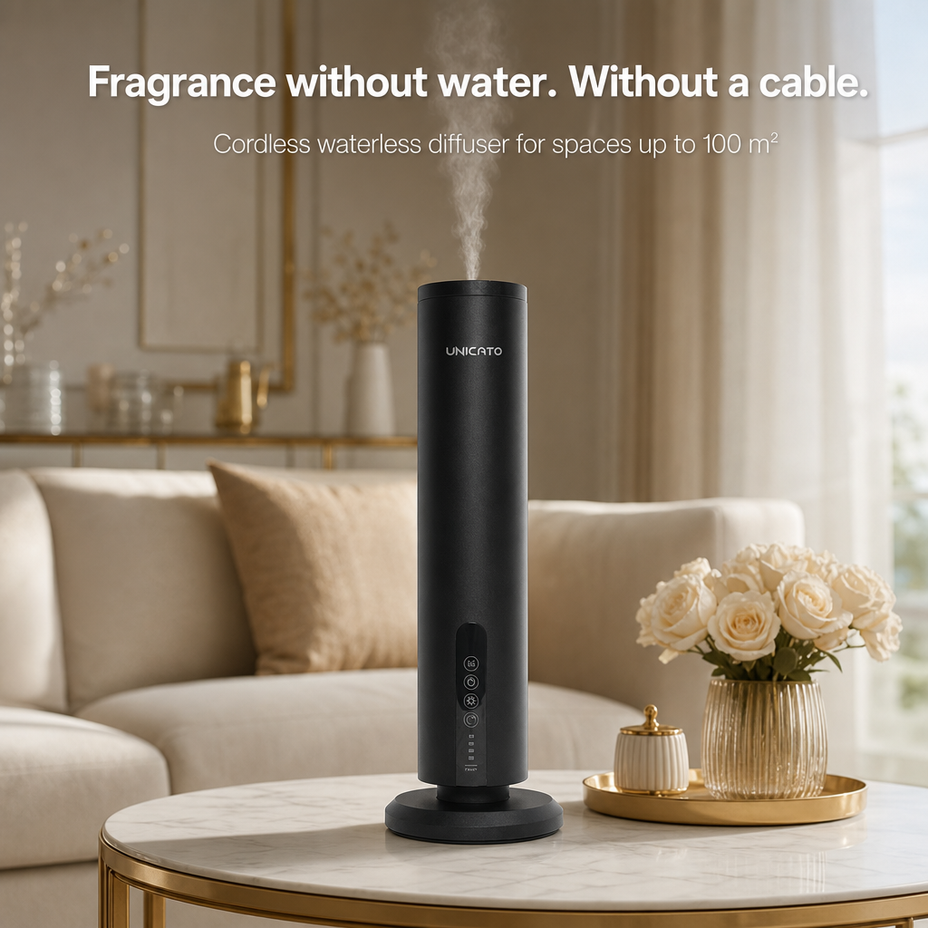 UNICATO ROCK A326 black cordless diffuser in a living room