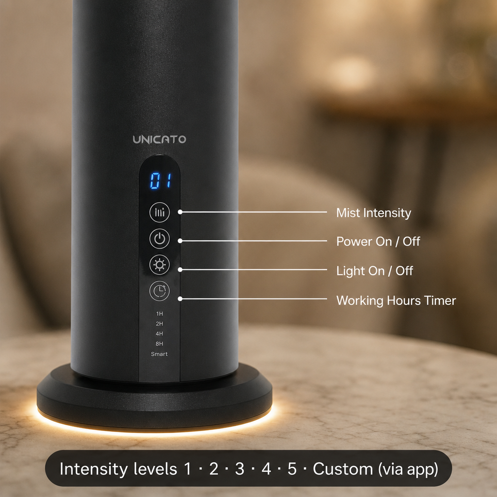 Touch panel: mist intensity, power, light, timer
