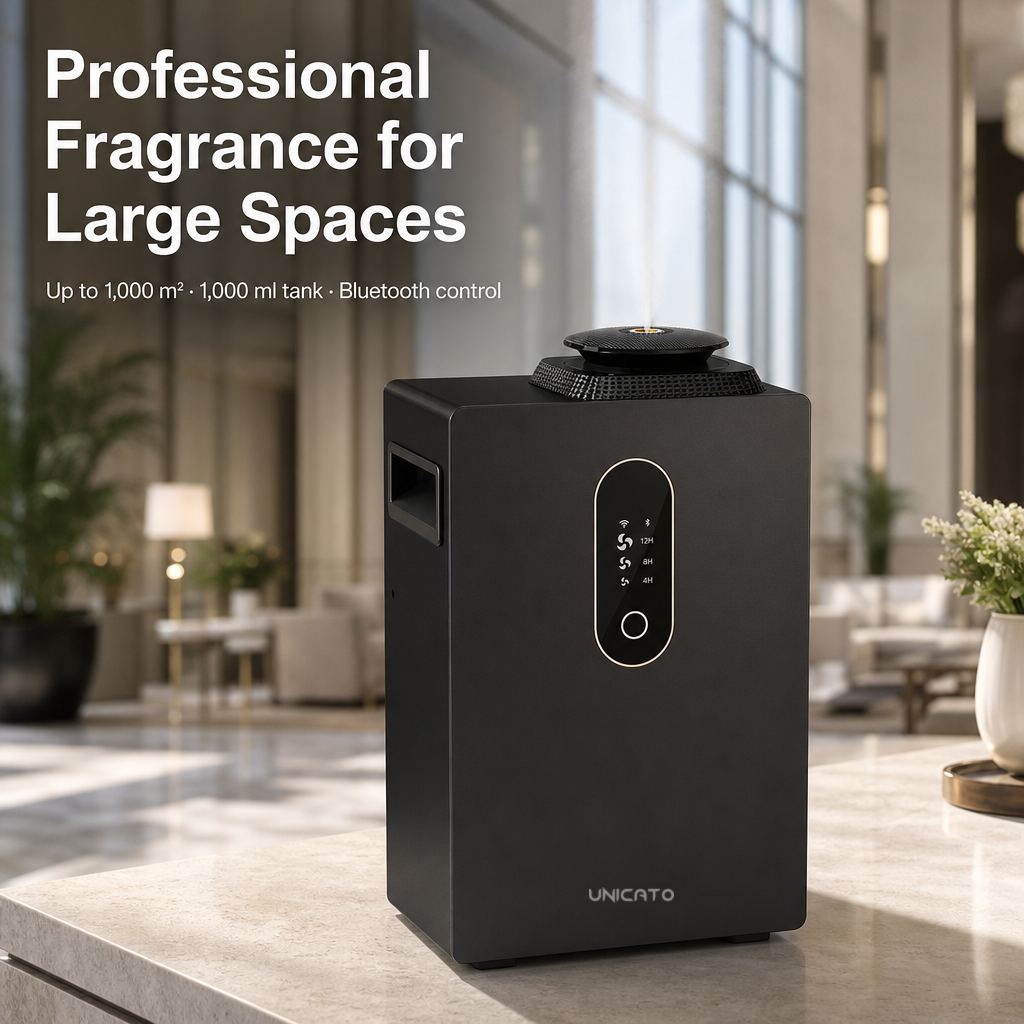 Q1000-PRO diffuser with the UNICATO logo in a hotel lobby