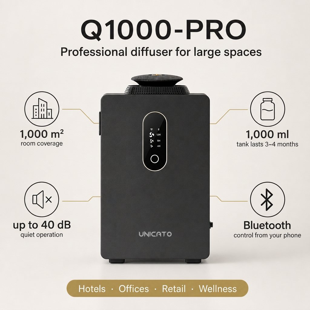 Q1000-PRO professional diffuser – 1,000 m², 1,000 ml tank, under 40 dB, Bluetooth