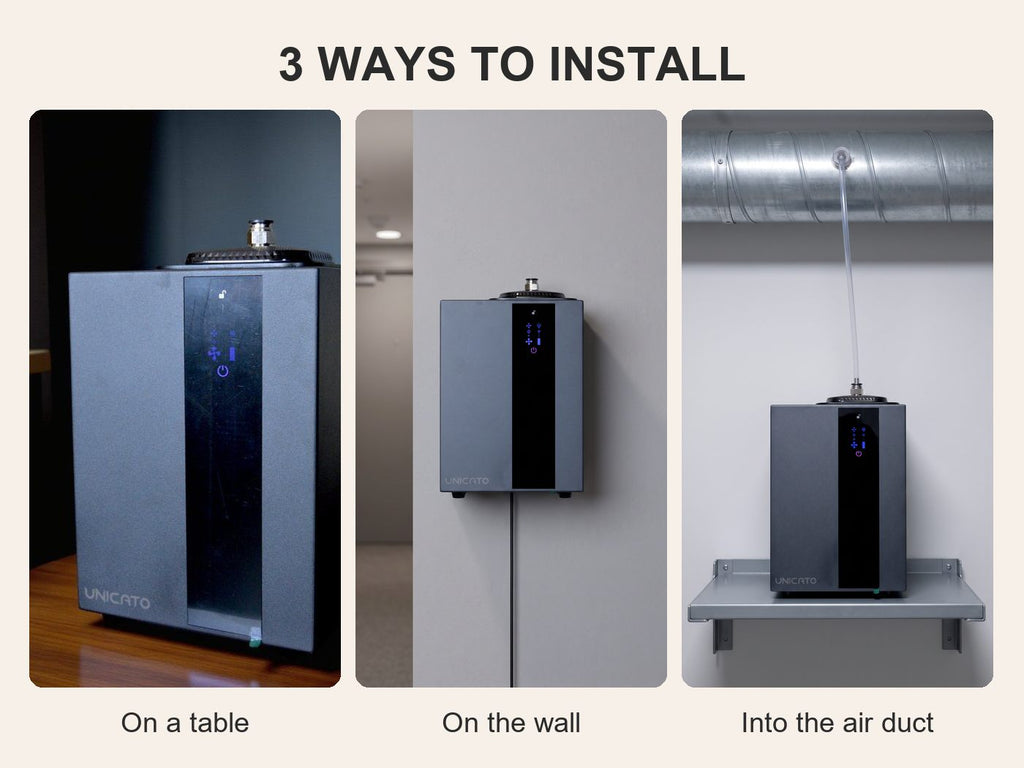 Three ways to install the TORI A1000 – on a table, on the wall, into the air duct