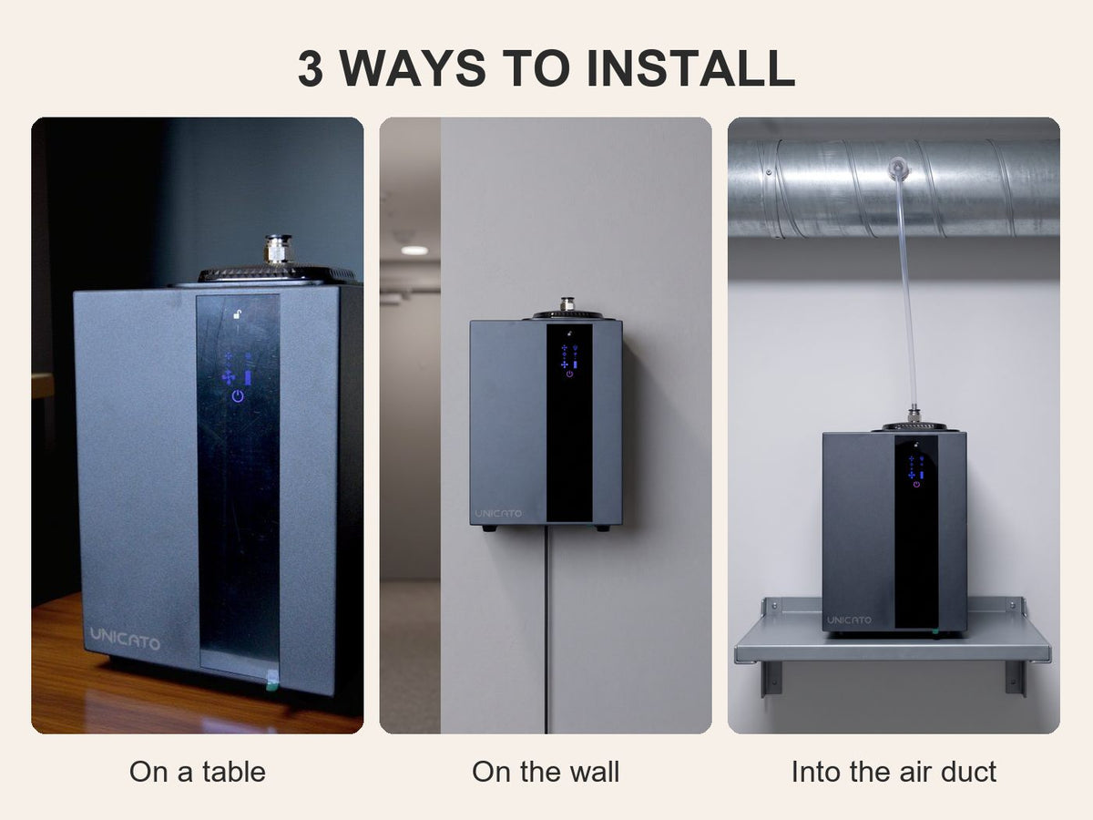 Three ways to install the TORI A1000 – on a table, on the wall, into the air duct