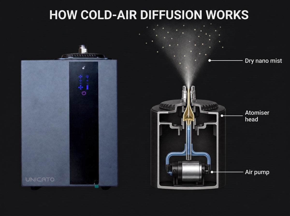 TORI A1000 operating principle: cutaway of the atomiser head with air pump